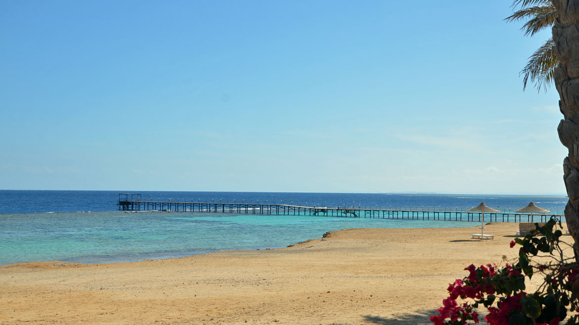 Hamata: Blick auf den Strand und den Steg des Komforthotels Hamata: Blick auf den Strand und den Steg des Komforthotels